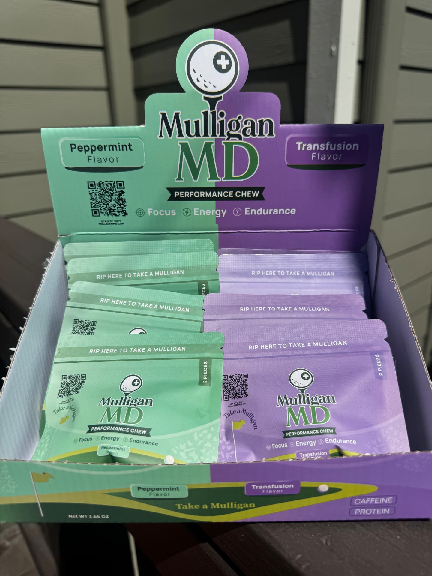 Open Mulligan MD display case with Peppermint and Transfusion packs