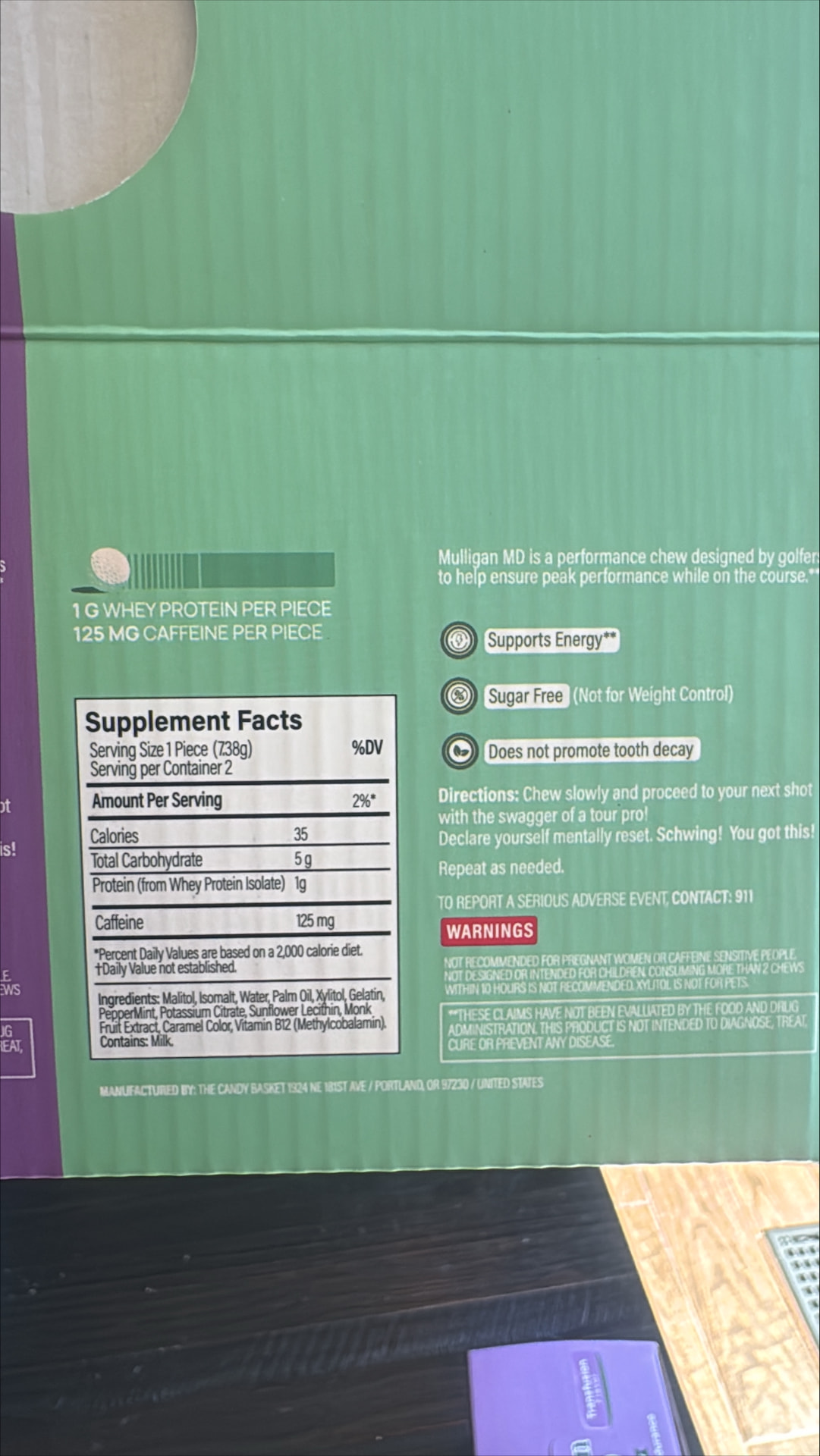 Supplement facts and ingredients panel for Mulligan MD Peppermint